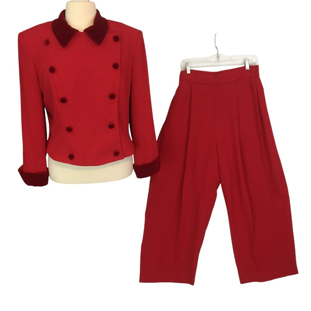 Donna Morgan for Maggy Vintage Women Red Pant Suit Velvet Collar Blazer Cuffs 12